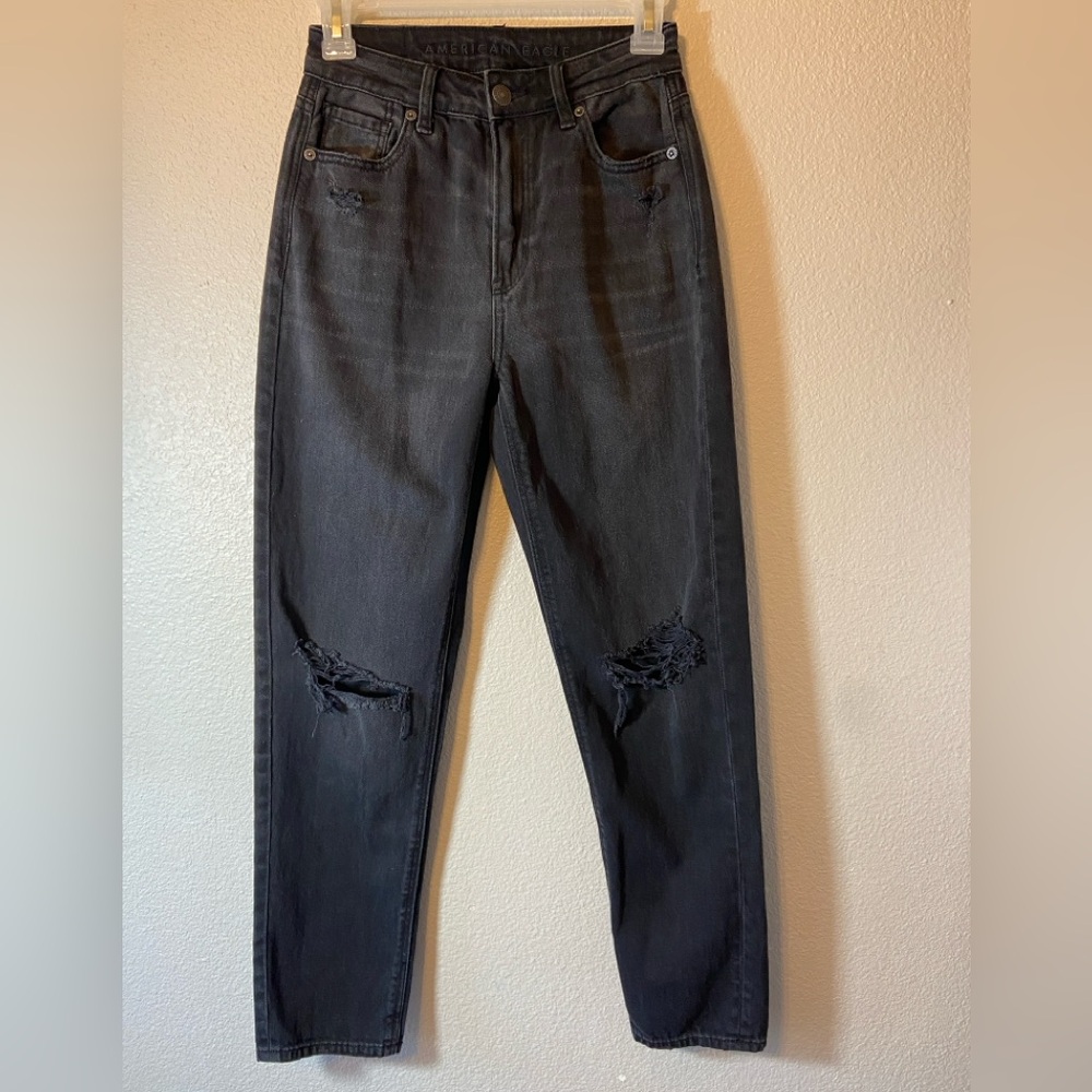 American Eagle Black Distressed Mom Jeans Size 00 - Picture 2 of 10